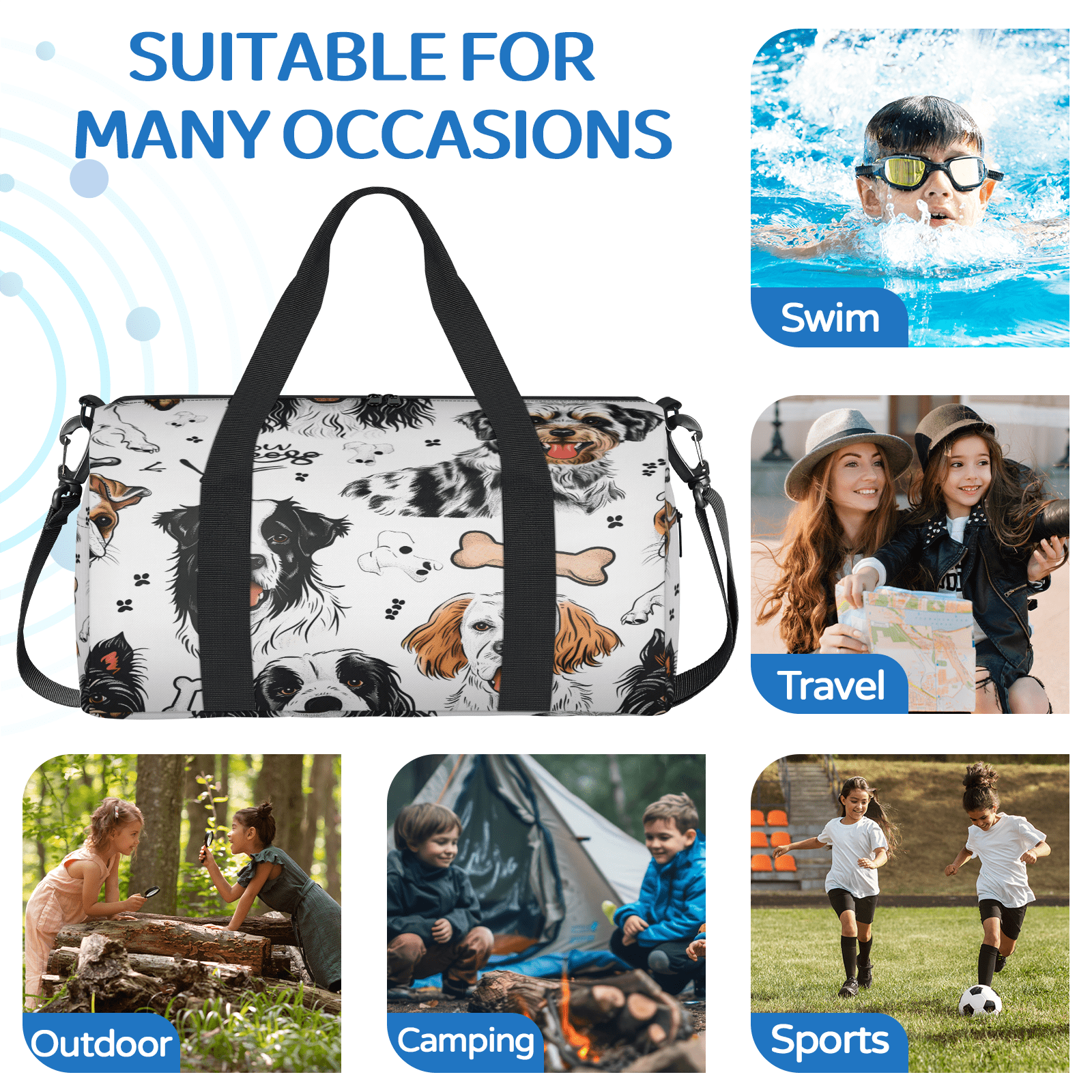 Herdesigns Dog Print Gym Bag for Women, Duffle Bag for Travel Sport, Lightweight Waterproof Carry on Weekender Overnight Dance Yoga Workout Bags