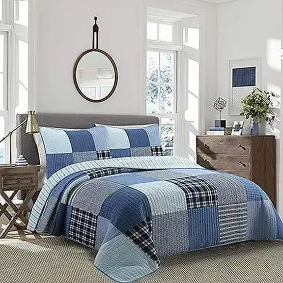 Navy Klein Blue Plaid Stripe Tartan Patchwork Cotton Queen 3 Piece Reversible Quilt Bedding Set