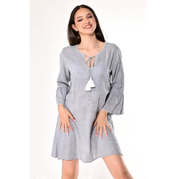 Azucar Ladies Cotton Short Length Beach Tunic w/Sea Shells & Flair Sleeve - LCT1764