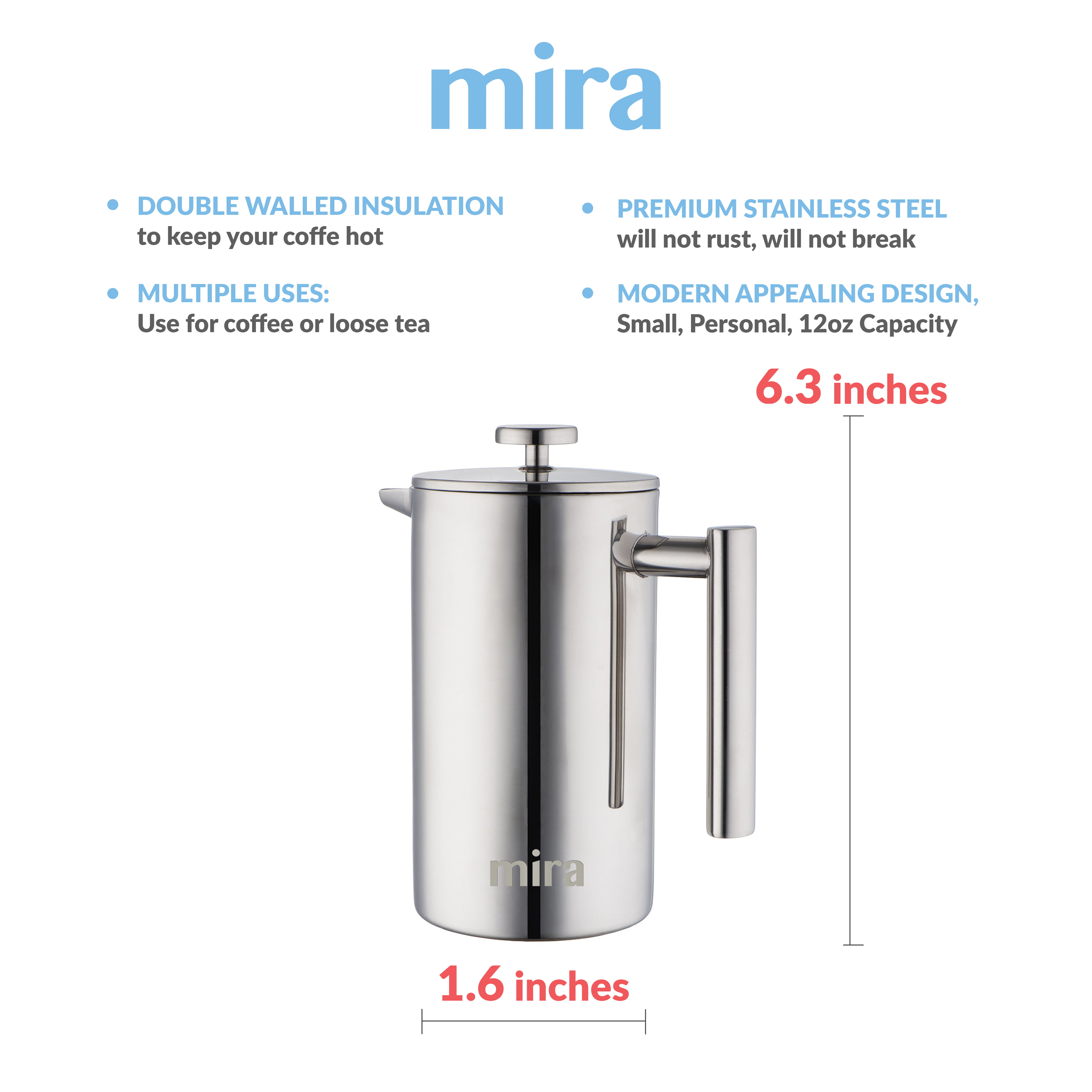 Miuly Small French Press Coffee Maker,12OZ/350ML Stainless Steel Insulated  Coffee Press,Stainless Steel French Press with 2 Fliters 0.35 Liter (12oz