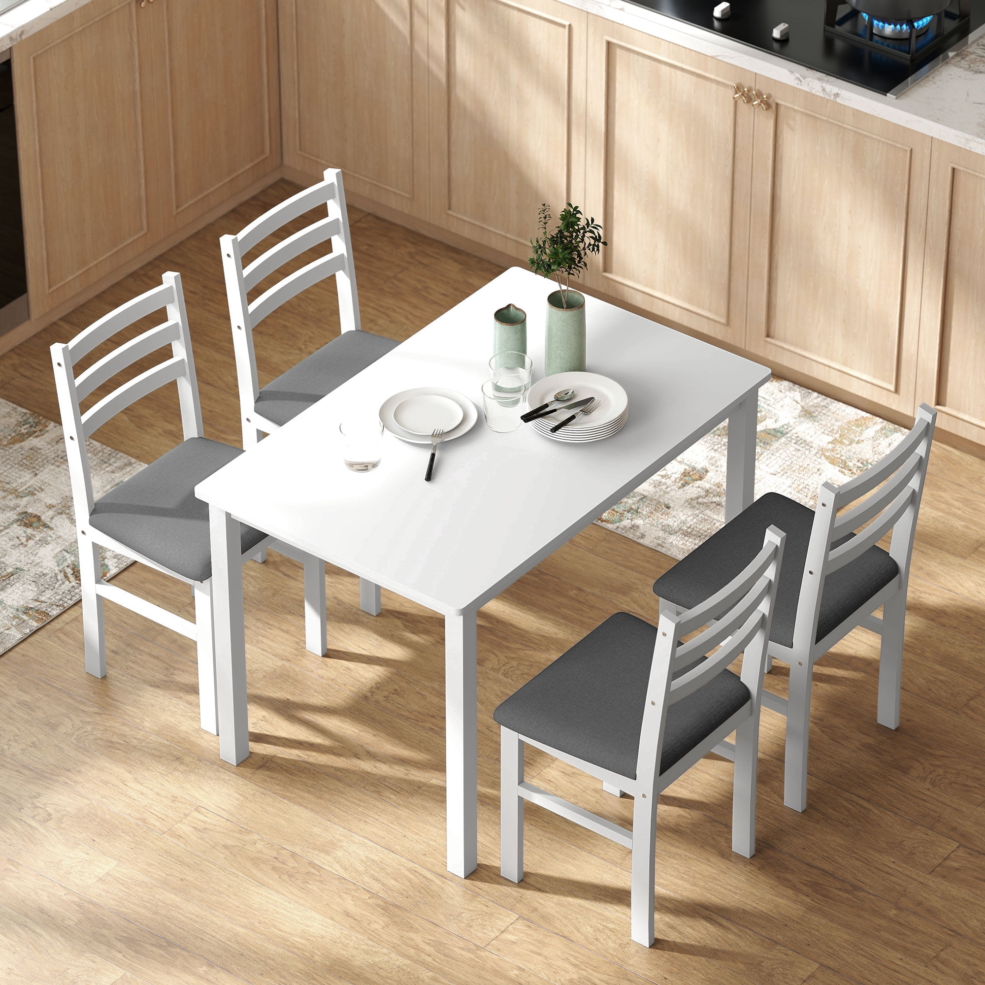 Farmhouse Dining Table and 4 Chairs Set, White/Gray
