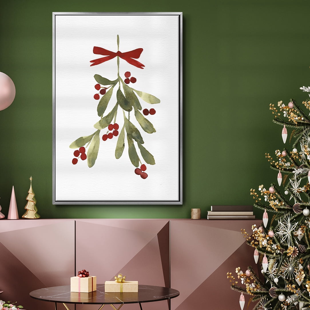 Mistletoe Bow I - Framed Gallery Wrapped Holiday Canvas - 27 x 41 - Silver Frame