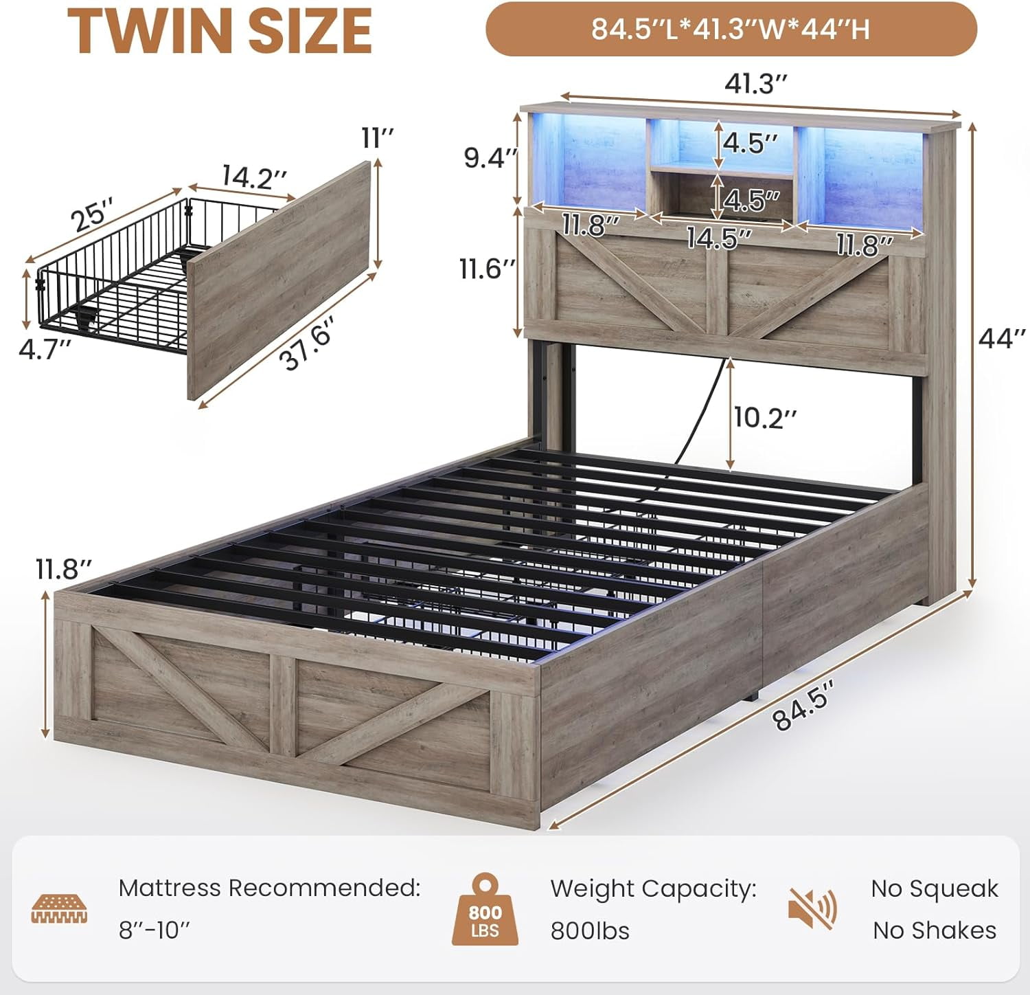 Twin Size Bed Frame, Farmhouse Wooden Platform Twin Bed with Storage Headboard Bookcase and 11'' Under-bed Storage Drawers Gray