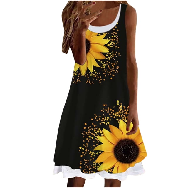 Vestido sin mangas sexy informal de moda para mujer con estampado de cuello redondo falso de dos piezas para mujer Pompotops ghjkhdj3590