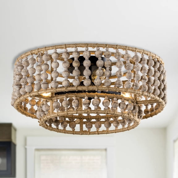 Parrot Uncle 16 inch Bohemia Flush Mount Ceiling Lights Wood Beaded Chandelier Ceiling Light Fixtures for Bedroom with 3 Lights, bulbs and switch not included
