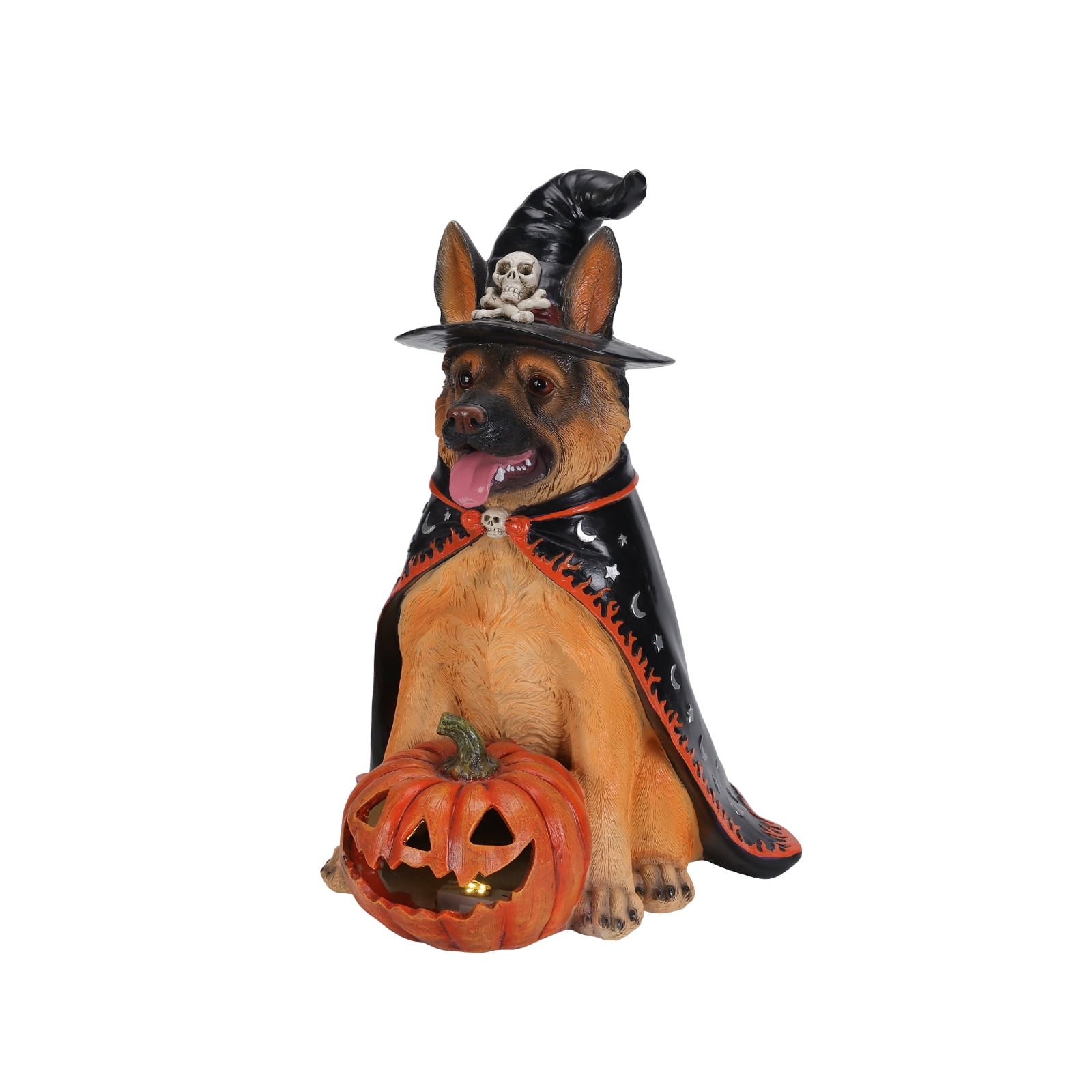 German Shepherd Witch Halloween Statue, LED Light-Up Pumpkin, Resin Sculpture, Seasonal Decor