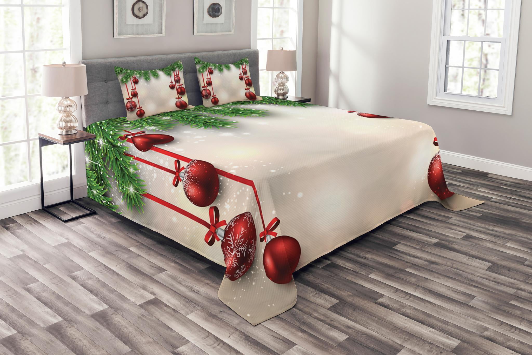 Christmas Bedspread Set King Size, Xmas Traditional Winter Season Theme