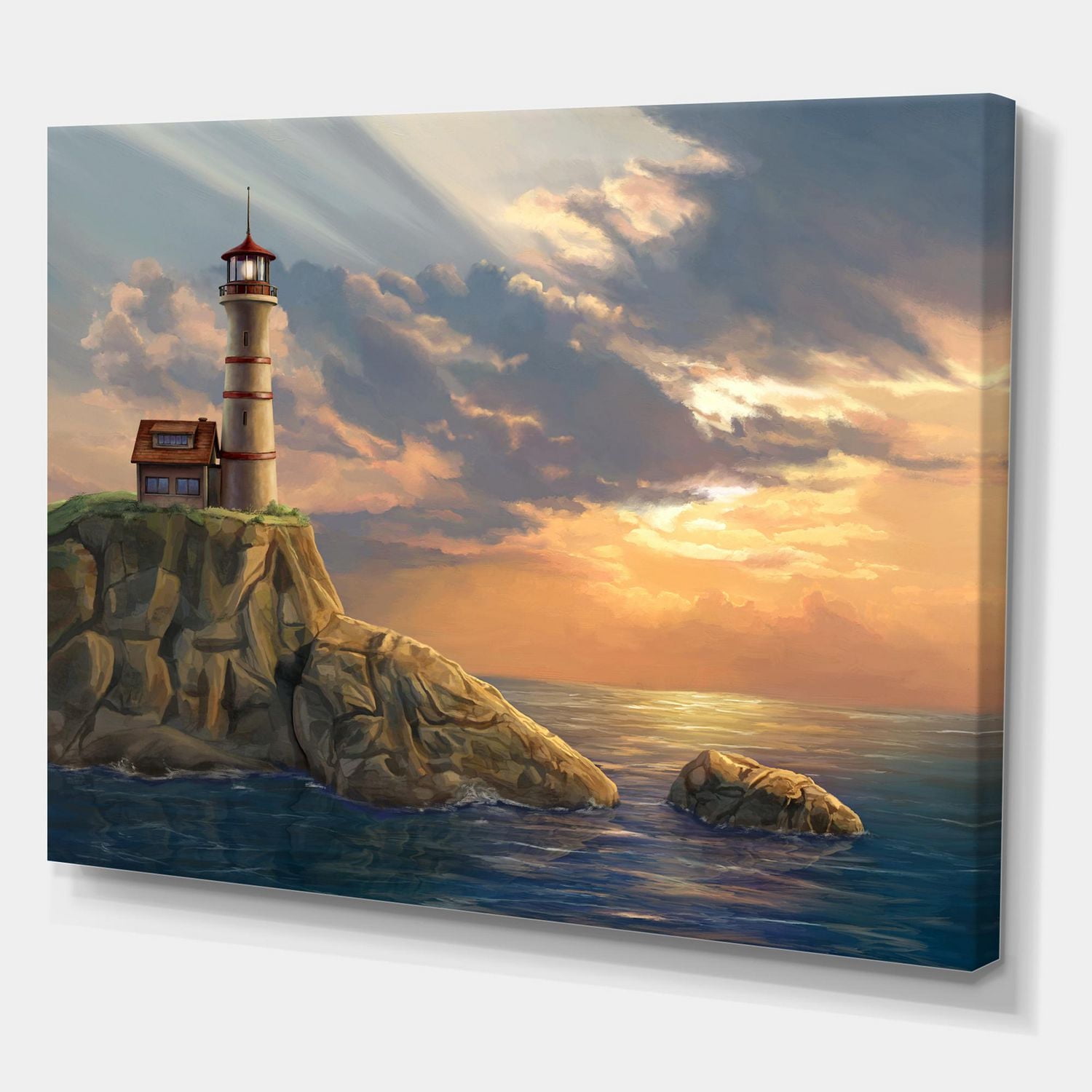 Designart Lighthouse On A Rocky Coastal Cliff At Sunset Canvas Wall Art