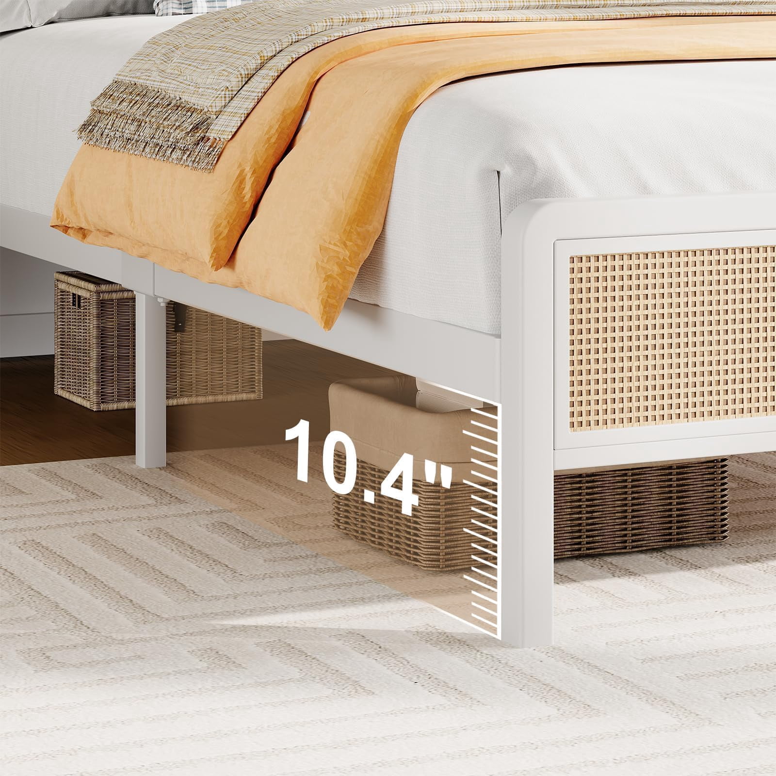 4 Ever Winner Twin Size Bed Frame, Rattan Bed Frame with Natural Rattan Headboard and Footboard, No Box Spring Needed, White