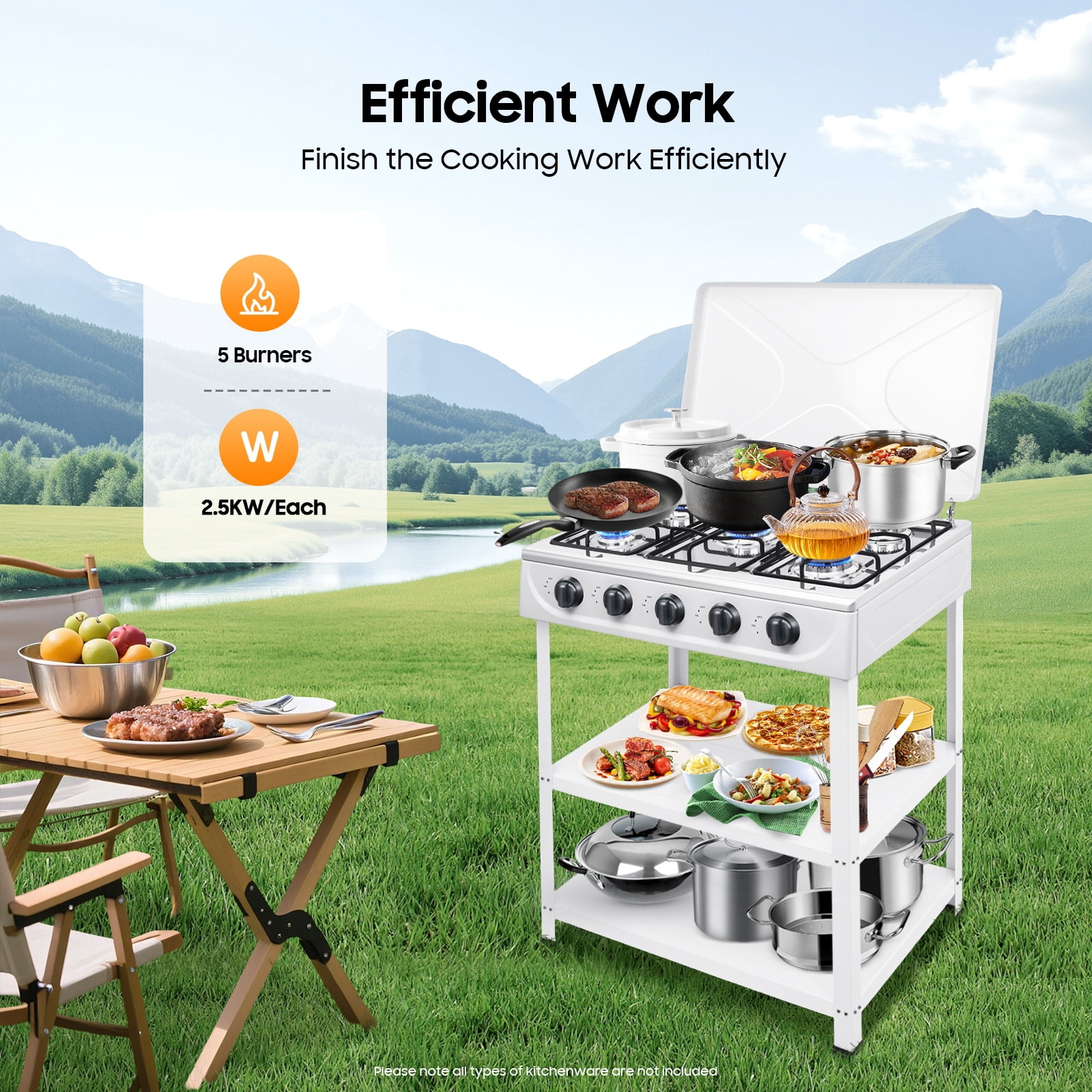 Peakora Portable Natural Gas Stove with Control Knobs and Two Placement Boards White 2.5kw Propane Gas Stove with 5 Burners Multifunctional Energy Efficient for Outdoor Activities
