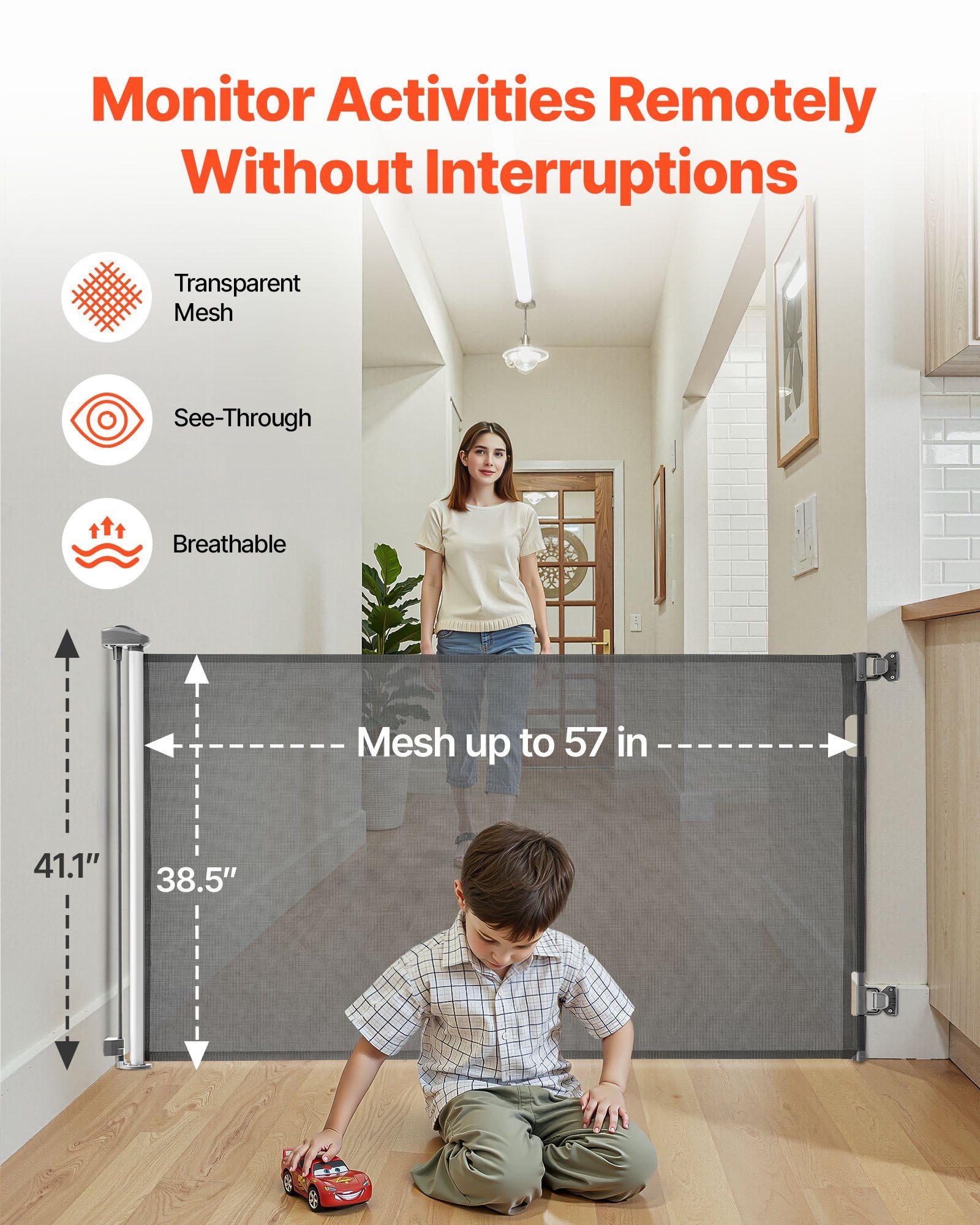 Retractable Baby Gate 57 Inch Wide 38.5 Inch Tall Security Lock Easy Walk Through Mesh Dog Gate for Stairs Hallways Indoor Outdoor Gray
