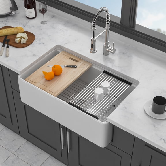Acpouw 30" White Farmhouse Kitchen Sink Workstation - 30 x 20 x 10 inch White Porcelain Ceramic Sngle Bowl Kitchen Sink