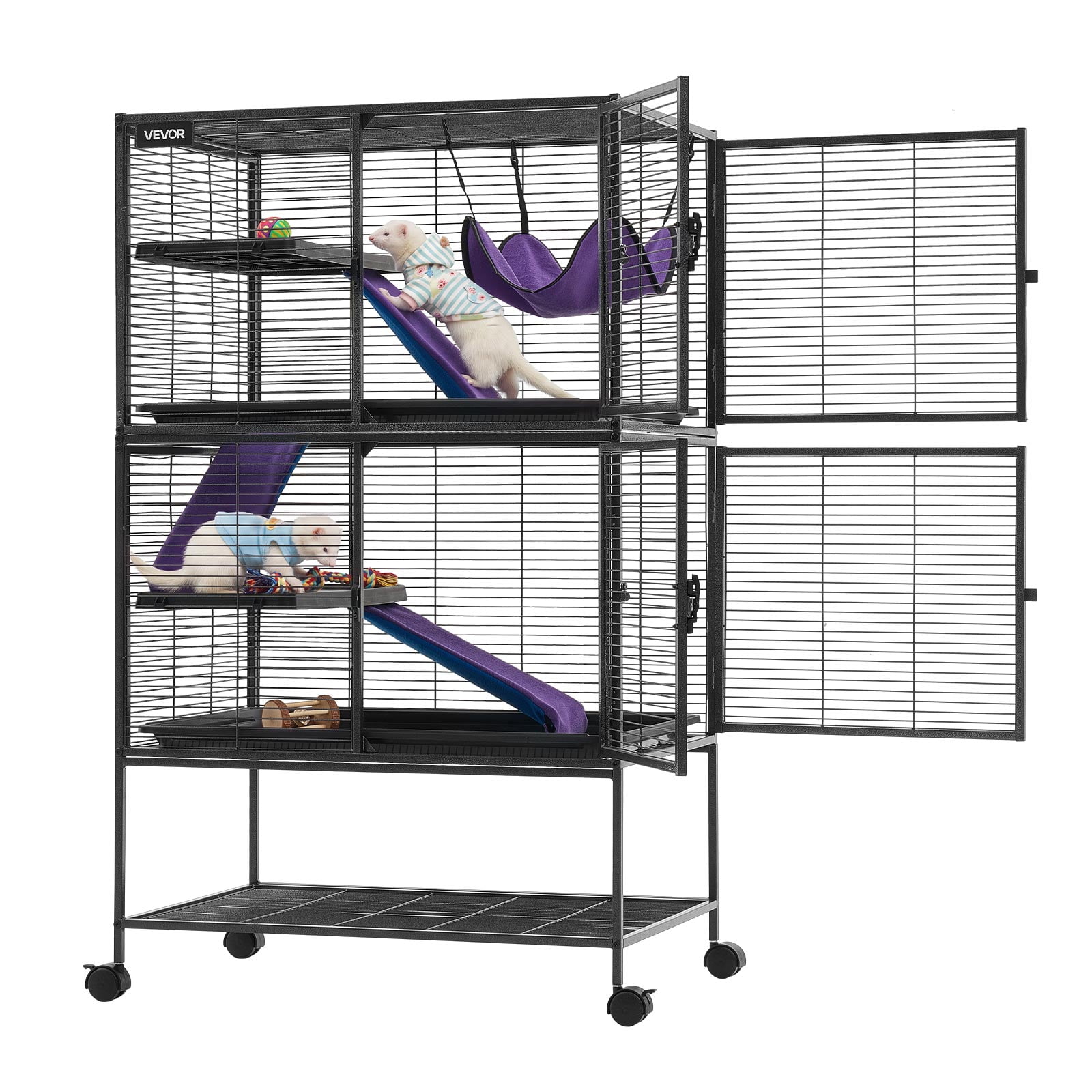 VEVOR Metal Small Animal Cage 51.2"H 4-Tier Rolling Ferret Cage On Wheels, 0.55" Wire Spacing Large Cages with Hammock, Ramps, Tray & Doors for Ferret, Chinchilla, Sugar Glider, Guinea Pig & Rabbit
