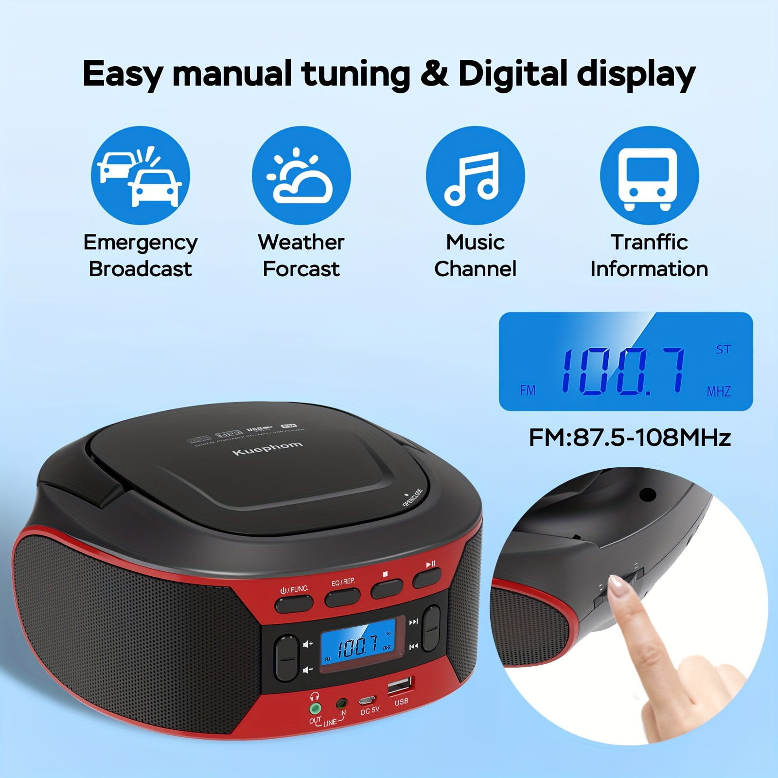 Portable CD Player Boombox with BT, FM Radio with CD Player Combo, CD Boombox with AUX/USB Playback and Earphone Jack. CD Players for Home with Stereo Speakers, Battery or AC Powered.