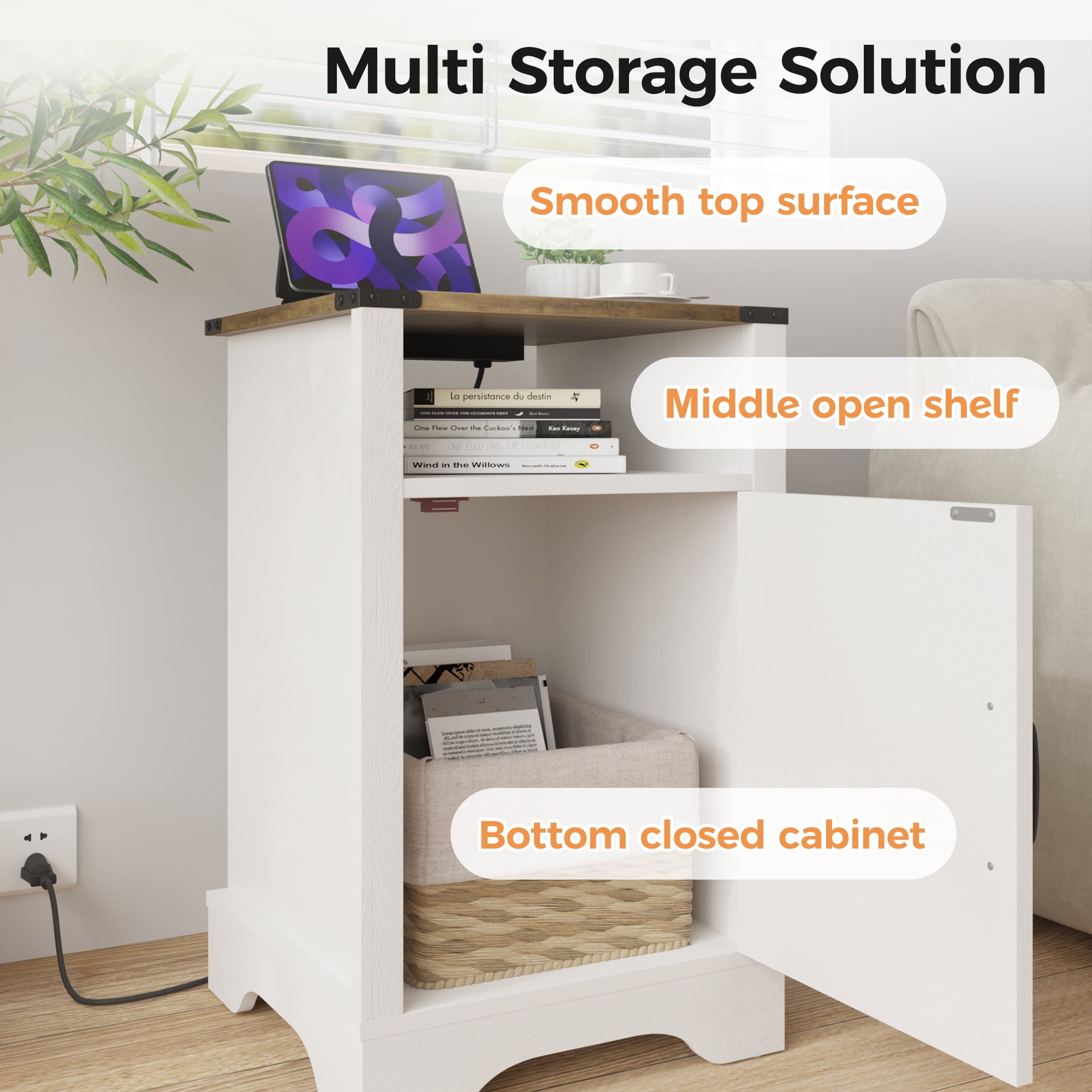 CozyHom Modern Farmhouse USB Nightstand Set of 2 With Storage Cabinet, End Side Table With Charging Station For Bedroom, Brown And White