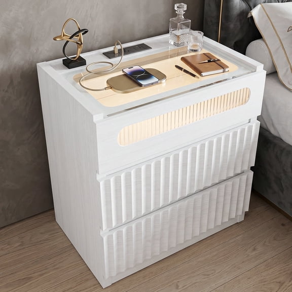 FUSUNBAO Modern Nightstand with Charging Station,Fluted 3 Drawers,White Oak Finish