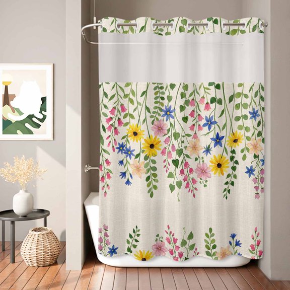 Summer Colorful Flower Shower Curtain, Watercolor Floral Linen Background Waterproof No Hooks Bath Shower Curtain with See Through Top Window for Bathroom Bathtub 72x84in