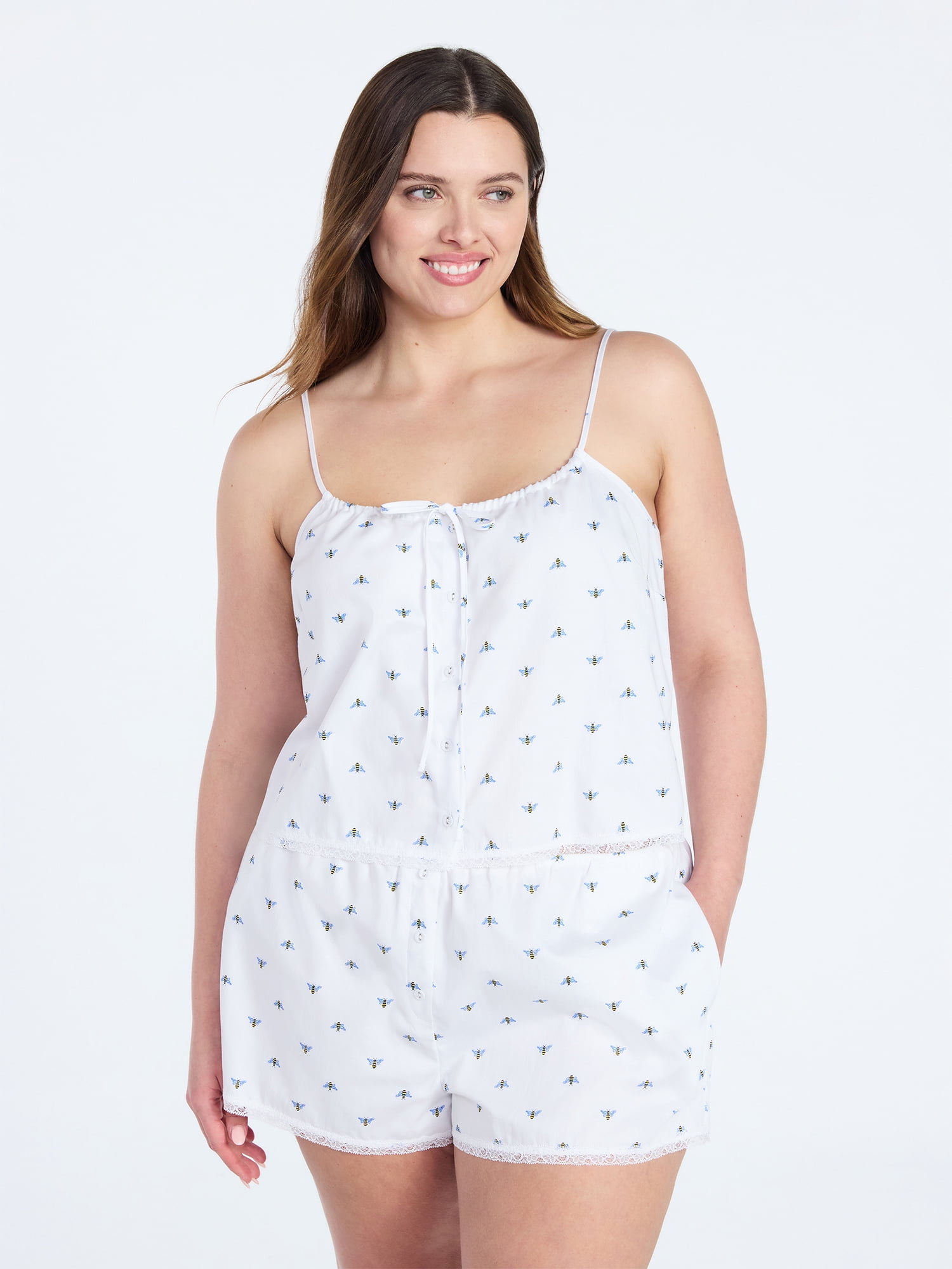 Joyspun Women's Poplin Cami and Shorts Sleep Set with Lace Trim, 2-Piece, Sizes XS-3X
