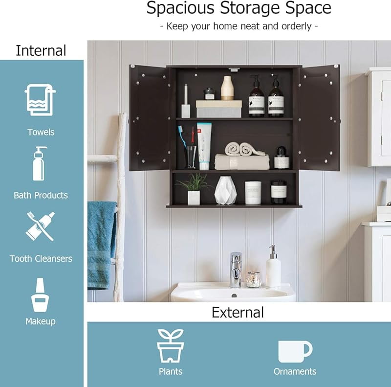 Bathroom Medicine Cabinet with Mirror, Wall Mounted Wooden Hanging Organizer with Doors and Shelves, Bathroom Wall Mirror Cabinet