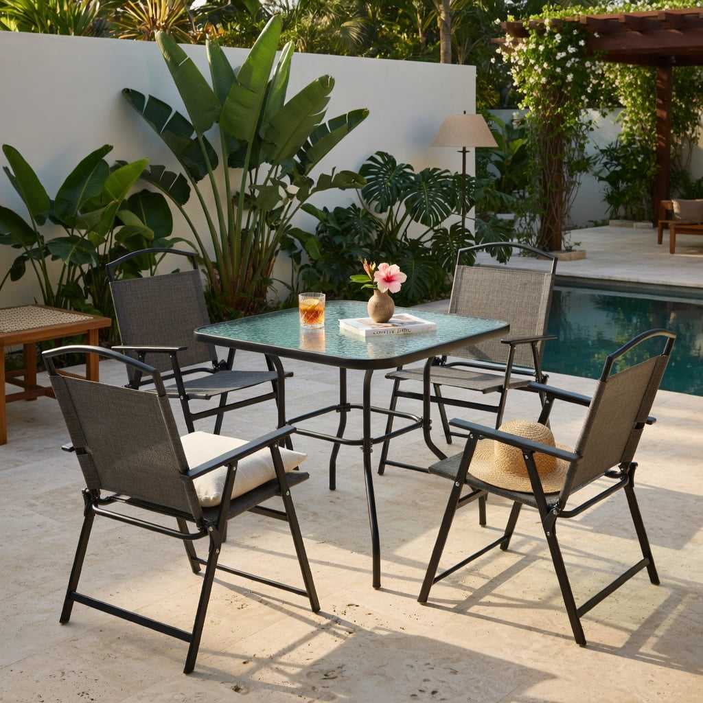 Hommoo 4-Pack Folding Patio Chairs, Heavy-Duty Steel Frame, Breathable Fabric Seats, Easy-Fold for Backyard, Poolside & Garden Use, Gray