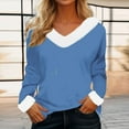 thumbnail image 2 of Olyvenn Stylish Faux Fur Trim V Neck Fashion Sweatshirts for Women Solid Loose Xmas Long Sleeve Pullover Holiday Tops Tunic Blouses Blue 4, 2 of 4