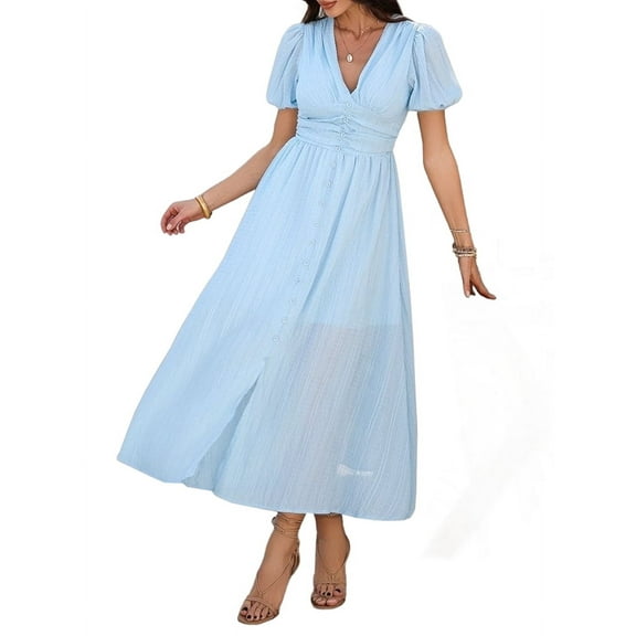 Women Summer Casual Midi Dress Puff Sleeve V Neck Ruched Button Front Split Boho Beach Vacation Wedding Dresses 2025 L