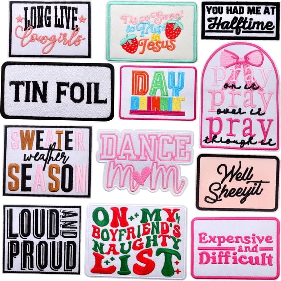 12pcs Phrase Iron on Patches Christian Faith Jesus Pray Embroidered Fabric Patch Sewing Emblem Repair Appliques for DIY Clothes Hats Shirts Sweatershirts Backpacks Jeans Decor