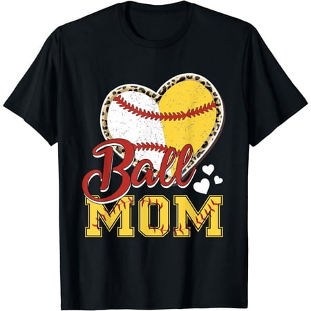 Leopard Print Softball Baseball Heart Ball Mom Women Casual Graphic T-Shirt