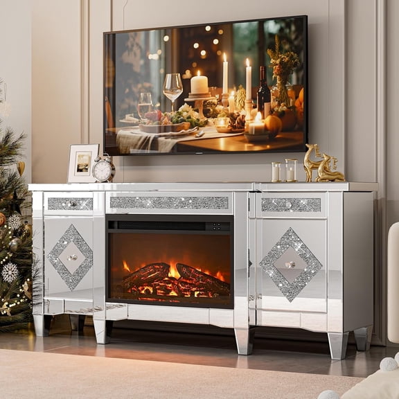 ARICOEASY Mirrored Fireplace TV Stand for TVs up to 65", Silver Crushed Diamond TV Console with Electric Fireplace and Storage Drawers & Cabinets