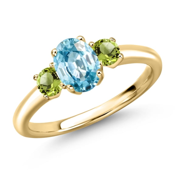 Gem Stone King 10K Yellow Gold Blue Zircon and Green Peridot Engagement Ring for Women | 1.66 Cttw | Oval 7X5MM | Gemstone Birthstone | Size 9