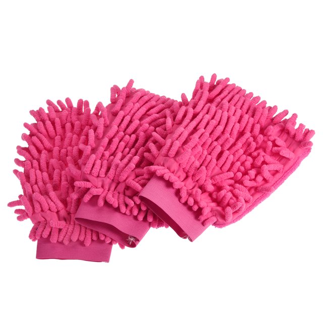 Unique Bargains Gants de Nettoyage Réutilisables Sans Rayures en Microfibre Chenille, Rouge Rose 3 Pack