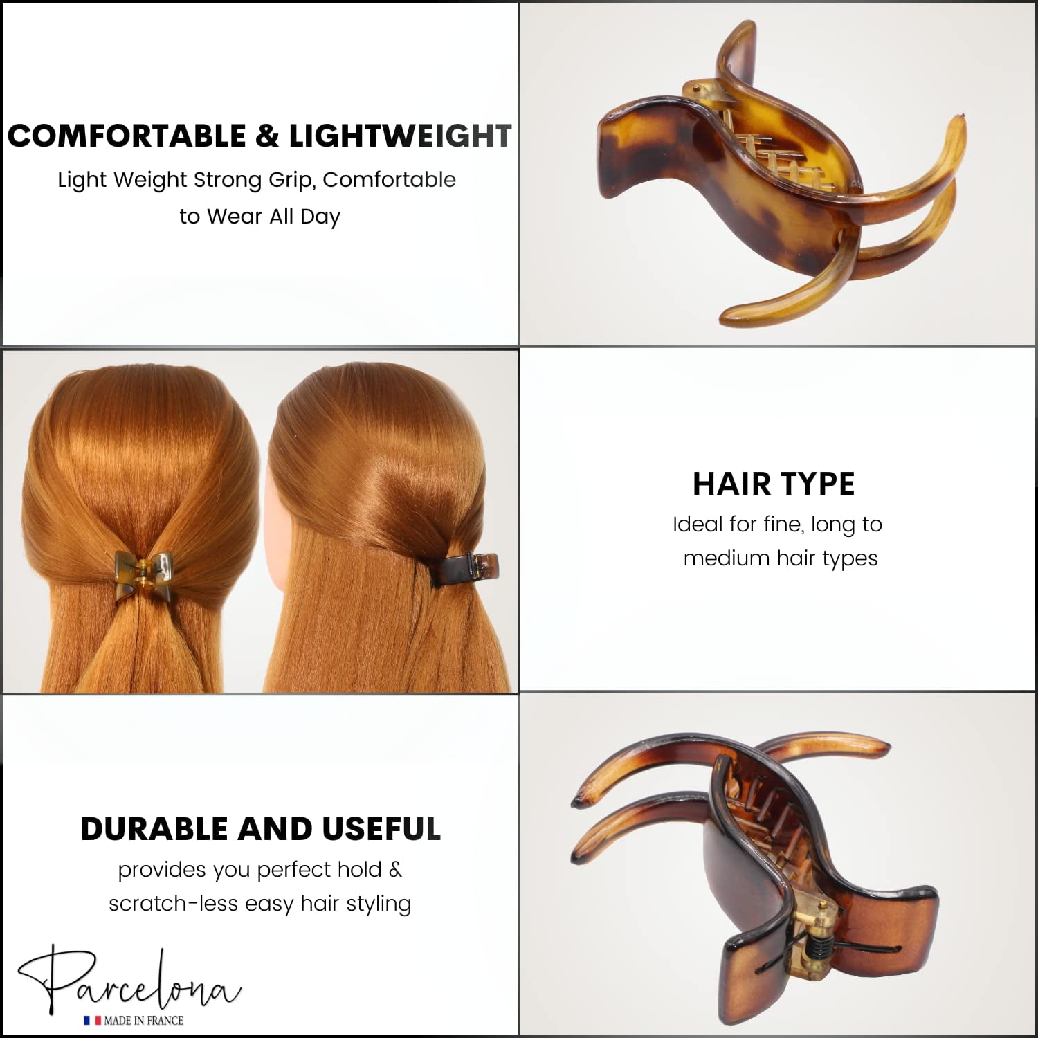 Parcelona French Small 3 Teeth Celluloid Fish Style Hair Claws for Women(2 Pcs) (SavanaandTortoiseShell)