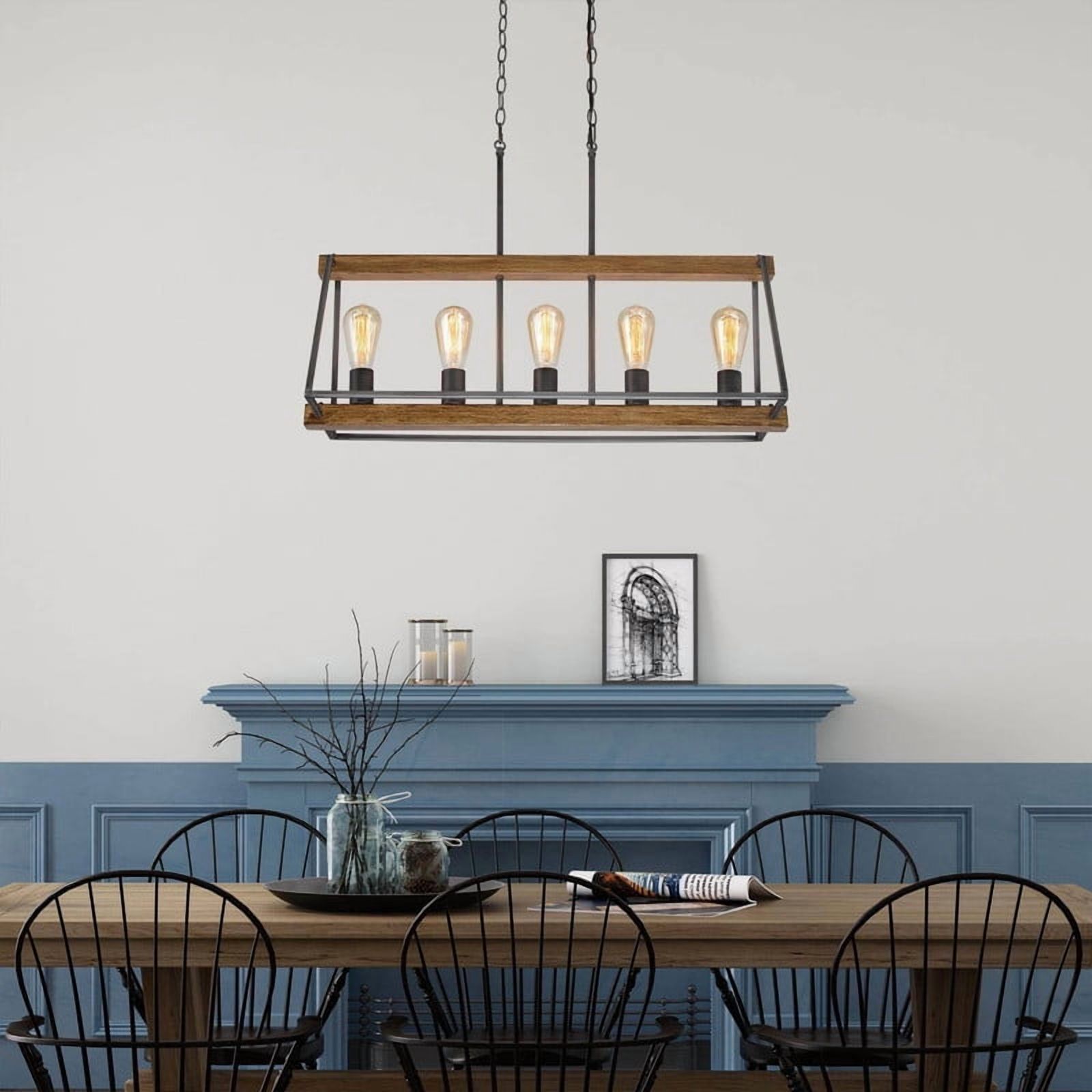 LNC Musleisynin 5-Light Linear Island Light with Faux Wood Accents and Brushed Silver Frame