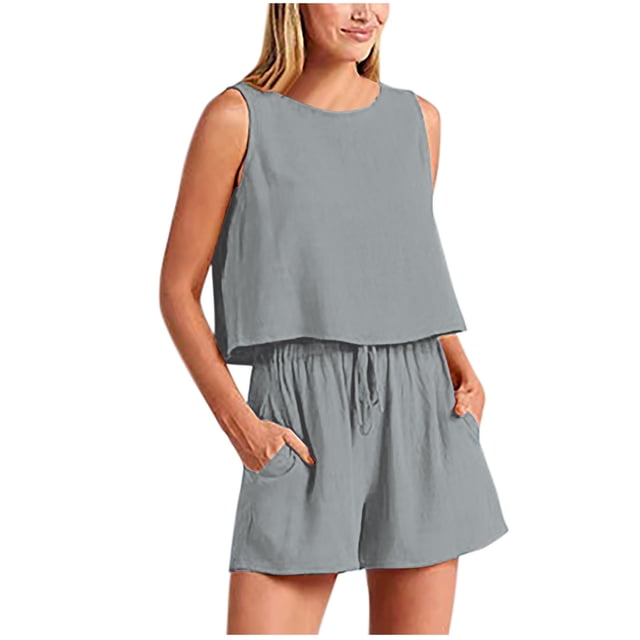 Birdeem Blouses pour Femmes, Col Rond, Sans Manches, Poches en Coton Lin, Ensembles Courts