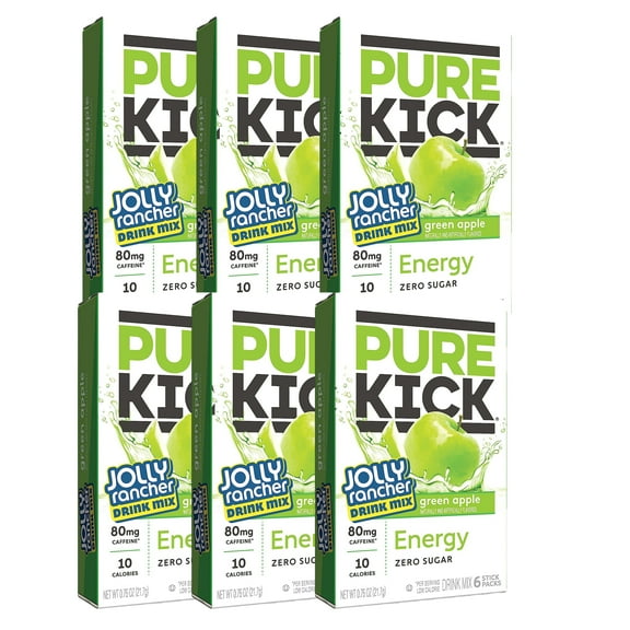 PURE KICK Energy On the Go Drink Mix Jolly Rancher Green Apple Powdered Water Enhancer Sugarand Guilt Free for Home Office Gym Running Indoor Outdoor Activities Hydrating Drinks 6ct Water Pack of 6