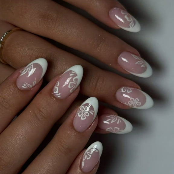 Almond Press on Nail Glossy Fake Nail Stick on Nail in 12 Sizes,24Pcs French Nail Tips for DIY Nail Art Decorations