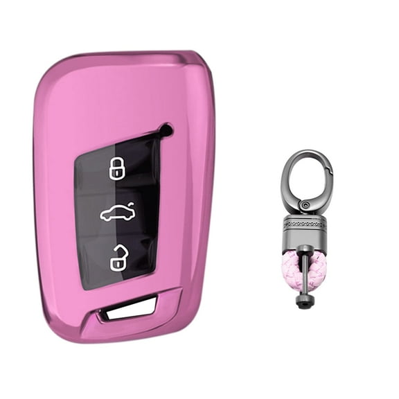 x xotic tech Pink TPU Key Fob Cover w/ Keychain, Compatible with Volkswagen Passat Arteon Atlas Jetta Skoda CC Golf 7 Tiguan MK2 Smart Keyless Entry Key Shell Full Case