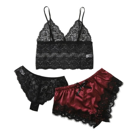 

BIZIZA Soft Pajama Set for Women Lace Cami Top and Shorts Panty 3 Piece PJ Sets Sleepwear Loungewear Deep Red XL