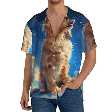 Fuzoiu Starry Sky Cloud Dog Print Men s Casual Short Men s Short Sleeve Shirt Mens Casual Button Down Shirts Cuban Collar Summer Shirt for Beach Vacation and Outdoor Activities-XX-Large