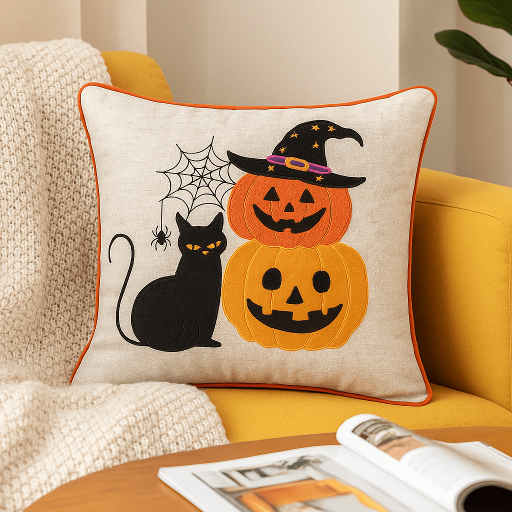 Halloween Embroidered Black Cat Throw Pillow 20x20 Inch Linen-Look Fabric for Sofa Bed Seasonal Decor