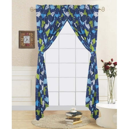 4 Pc Shark Blue Kids Bedroom Window Panel Pair Set Of Two Rod Pocket Curtains 38 In Wide X 84 In Length Each With Matching Tie Backs