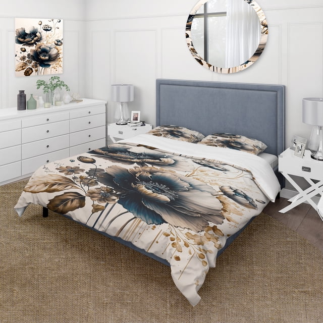 Designart "Poppy Flowers in Navy Blue and Gold I" Floral & Botanical Bedding Covert Set - Poppy Blue Floral Bed Set With 2 Shams