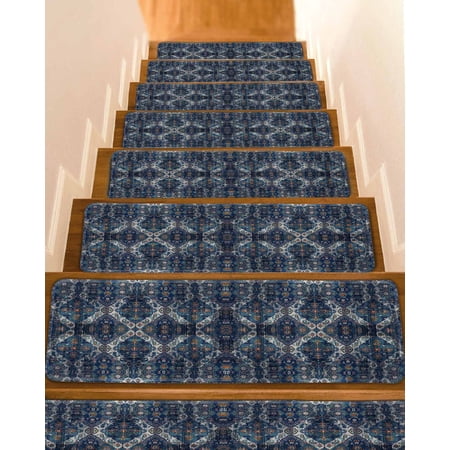 Geometric Navy Stair Treads for Wooden Steps Indoor Runner Rug Carpet Blue Contemporary Country Boho Flower 7 Pieces Peel and Stick Staircase Step Treads Covers Washable Throw Door Mats 30 x8