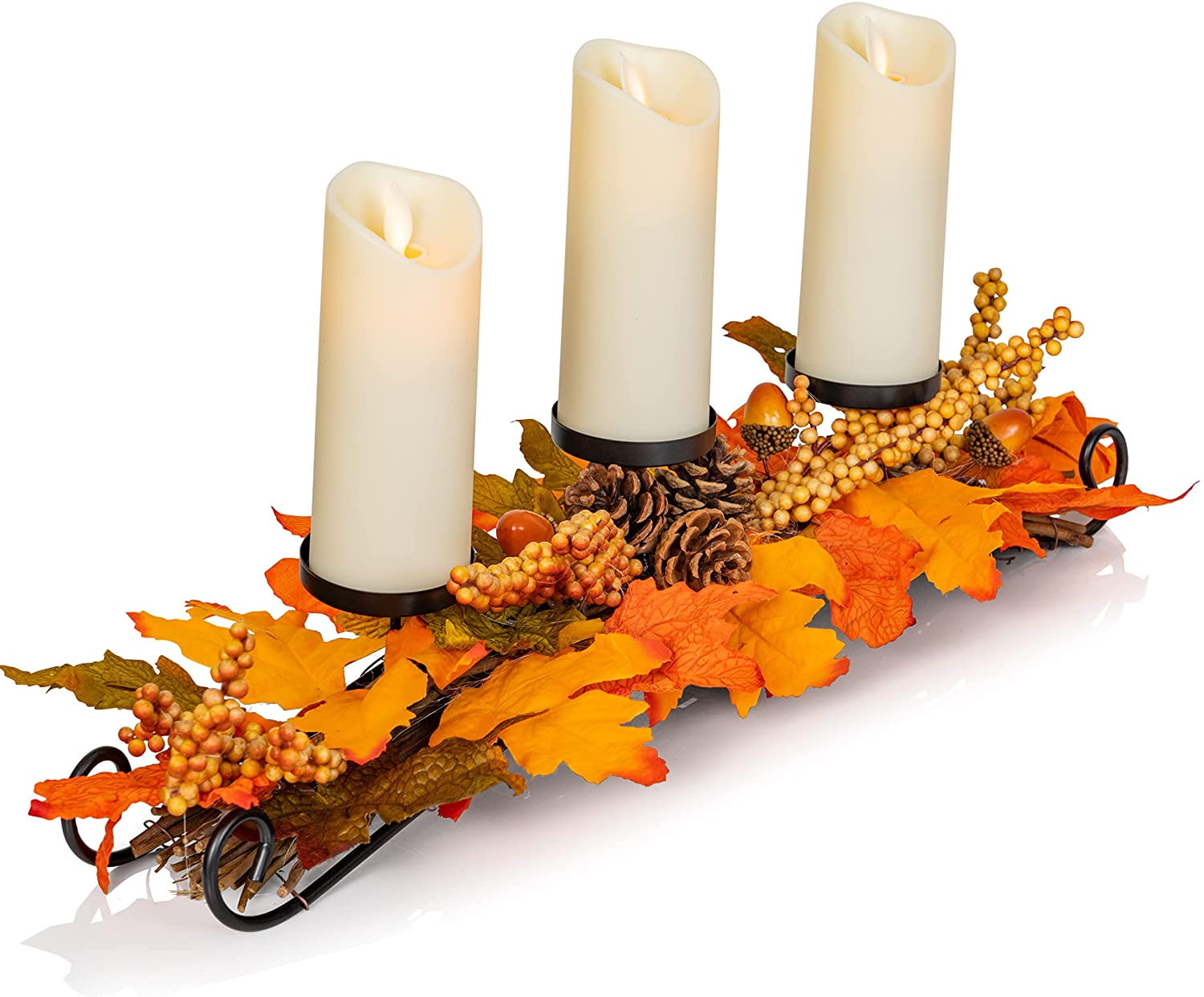Ornativity Maple Leaves Candle Holder - Thanksgiving Fall Harvest Themed Candleholder Centerpiece Decorations with Pinecones and Acorns