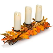 Ornativity Maple Leaves Candle Holder Thanksgiving Multi-Colored Metal Prop with Pinecones & Acorns