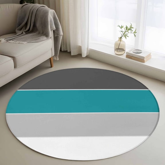 Round Rugs 3.3Ft, Teal Grey Striped Round Area Rug Washable Indoor Throw Carpet, Farmhouse Modern Soft Non Slip Circle Rug for Laundry Room Patio Home Decor Aesthetic