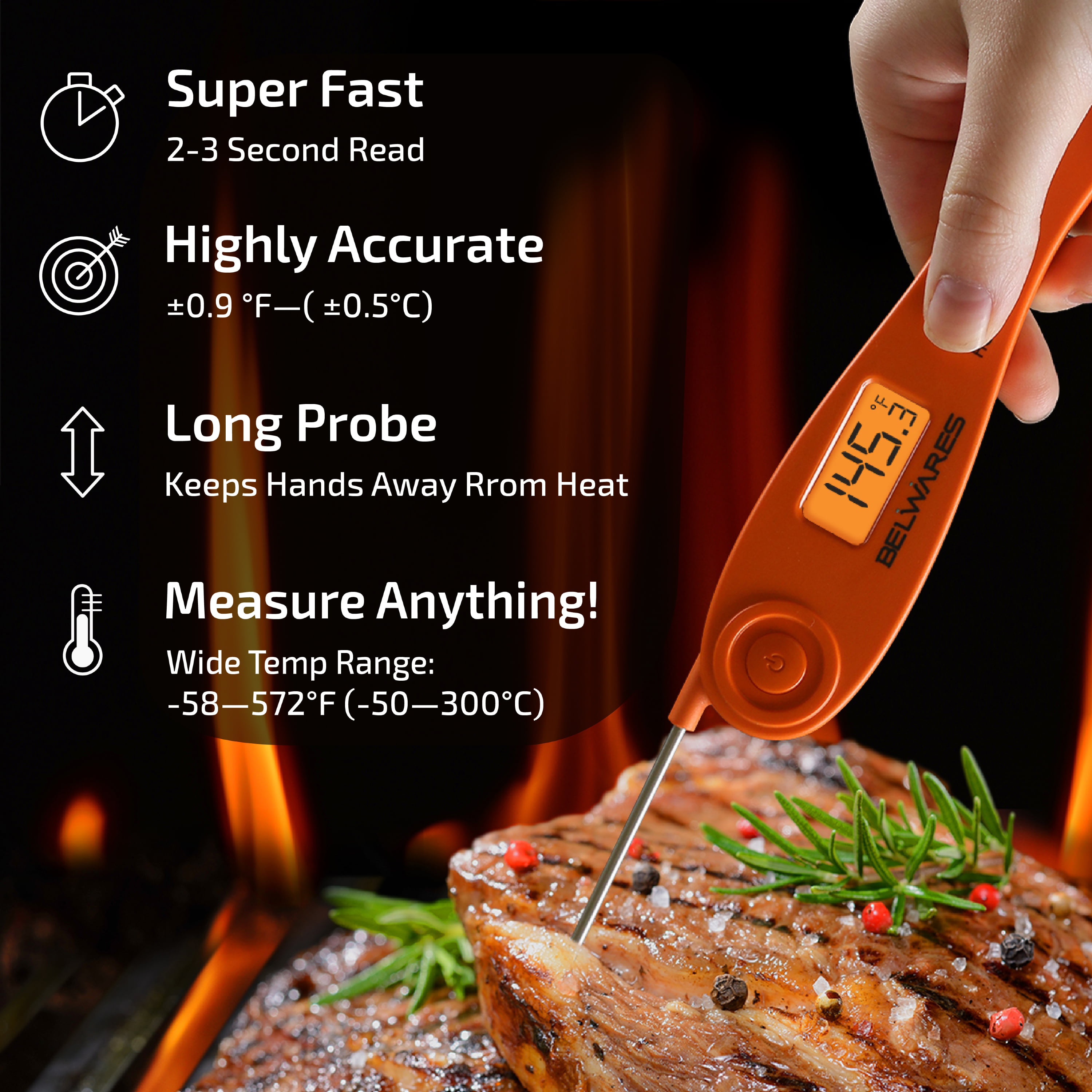 Belwares Instant Read Digital Food Meat Thermometer with Foldable Probe 
