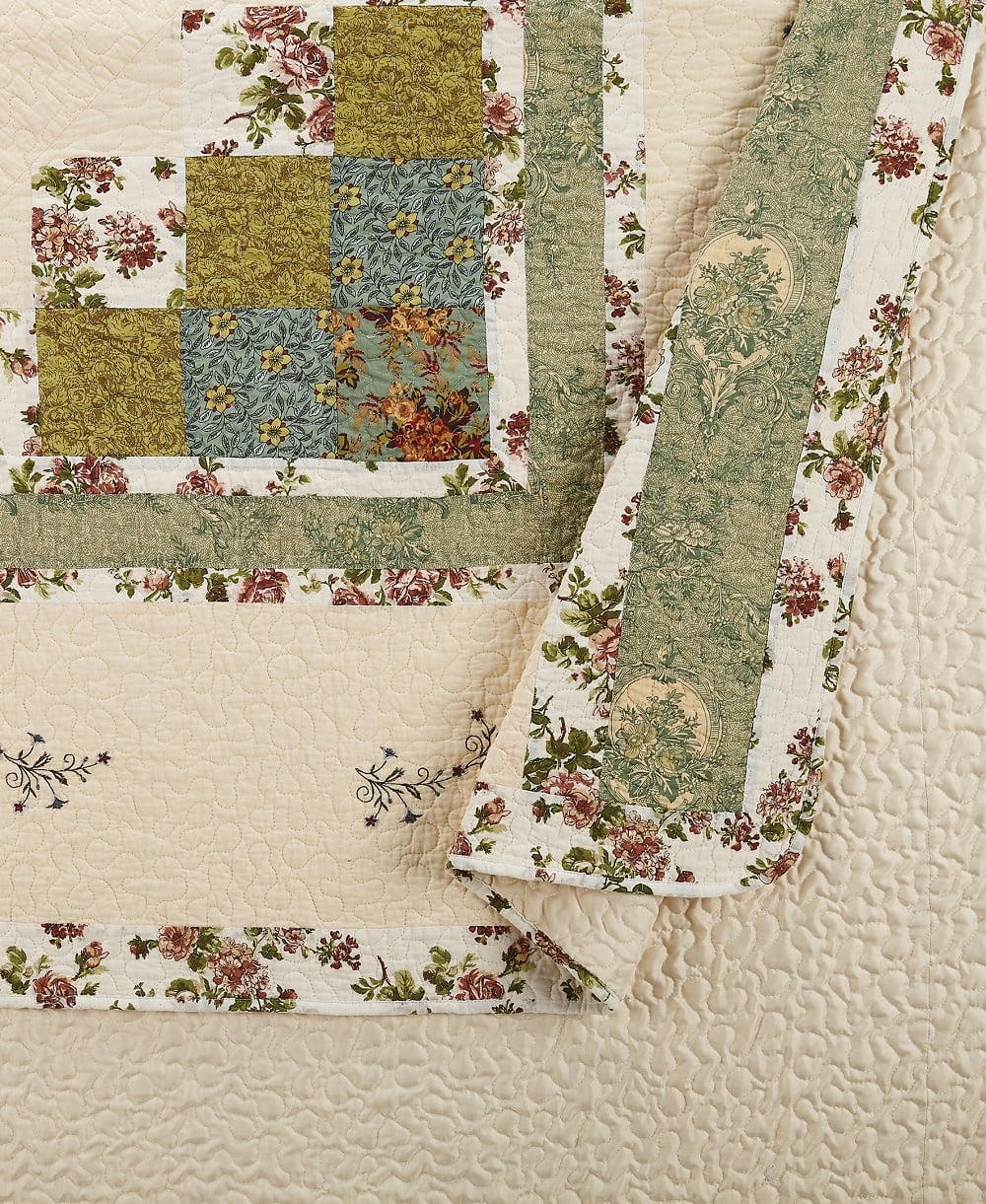 Modern Heirloom Olivia Green Floral Embroidered Single Pillow Sham, King