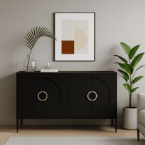 Modern Lacquered 4 Door Wooden Cabinet Sideboard Buffet Server Cabinet Storage Cabinet, for Living Room, Entryway, Hallway, Office, Kitchen and Dining Room, Distressed Black