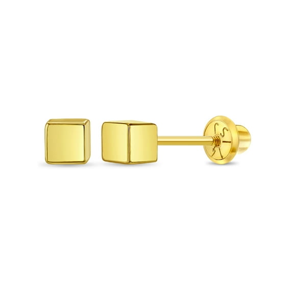 14k Gold Tiny Cubed Baby / Toddler / Kids Earrings Safety Screw Back